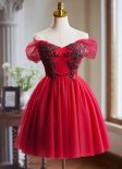 Burgundy Off-the-Shoulder Sequin Bead Mini Tulle Dress