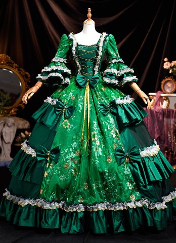 Noble Renaissance Retro Green Victorian Ball Gown Prom Dresses Lace Bows 3/4 Sleeves Square Neckline Floor Length Long Formal Dress