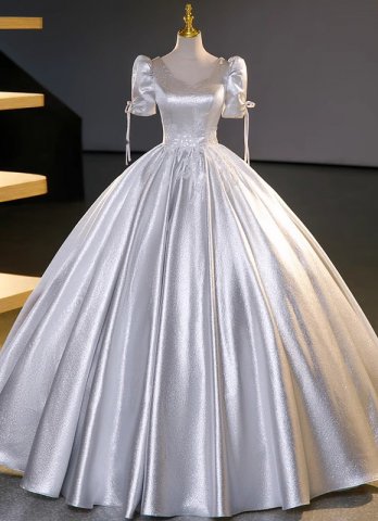 Silver Short Sleeve Elegant Graduation Prom Dresses