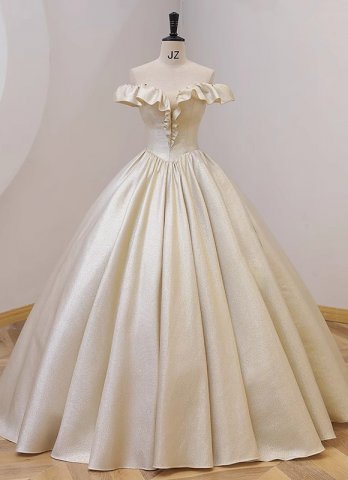 Champagne Off the Shoulder Satin Homecoming Dress With Ruffle