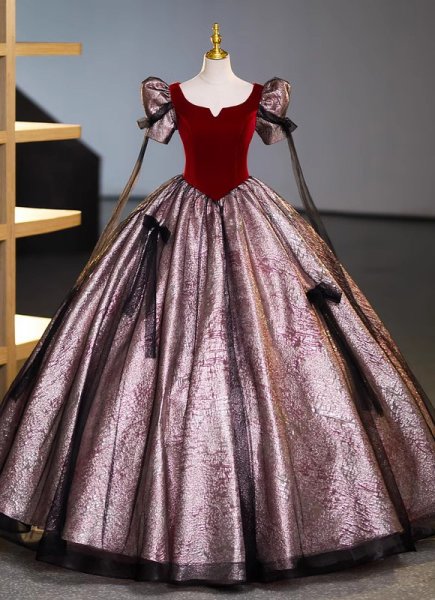 Vintage Burgundy Velvet Square Collar Formal Party Dresses