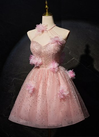 Pink Sexy Sequin Appliques Hanging Mini Homecoming Dress
