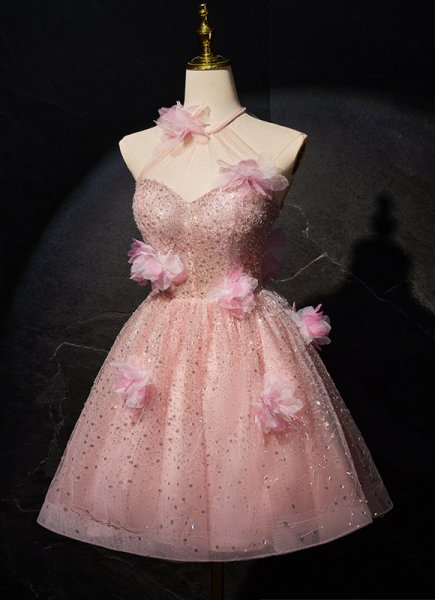 Pink Sexy Sequin Appliques Hanging Mini Homecoming Dress