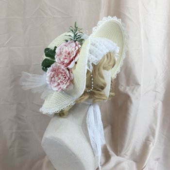 여름 달콤한 로리타 밀짚 모자 빈티지 핑크 꽃 여성 모자