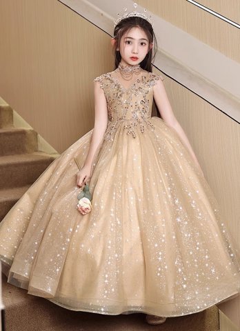Champagne Girls Queen High Neck Mesh Sequin Formal Dress