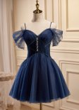 Deep Blue Pearl Button Tulle Mini Formal Cocktail Dress