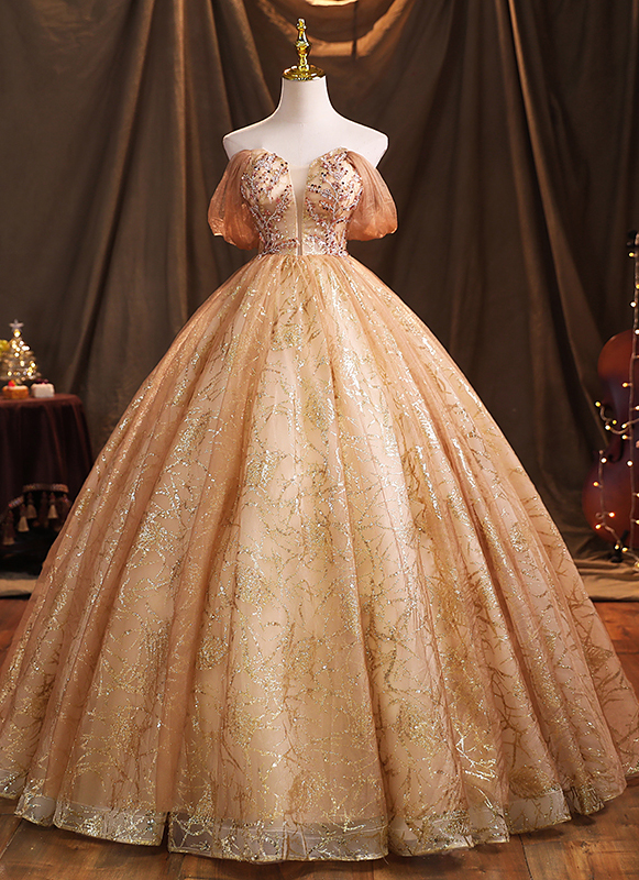 Champagne Off-The-Shoulder Short Sleeve Sequins Formal Dress Floor-Length Long Backless Ball Gown