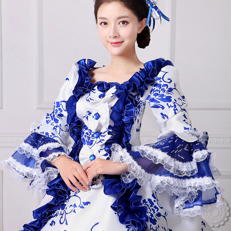 Brand New Blue Lace Printed Marie Antoinette Masquerade Ball Gown Medieval  Southern Rococo Belle Dress Theatrical Clothing